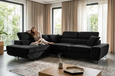 Produktbild von Ecksofa SAVIO Monolit links – mit Schlaffunktion, Webstoff in Schwarz, Family Meble, KI-generiertes Bild
