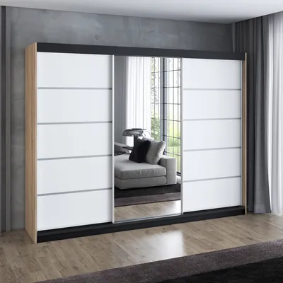 Produktbild von Schwebetürenschrank, 3-türig Schrank 200 cm mit 4 Schubladen, und Spiegel, Retrostil  Premum! Moderne Garderobe für Kleidung. Verschiedene Farben (Weiß, Schwarz, Somona) Kleiderschrank VILANO 3