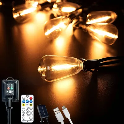 Produktbild von LUMILED solárne rozprávkové svetlá pre exteriér 14,5M ST38 40x LED + 2 náhradné žiarovky Retro Vintage Edison, IP44 2700K teplá biela 8 prevádzkových režimov, s diaľkovým ovládaním, solárny panel s 2400mAh batériou, solárne rozprávkové svetlá solárna lampa záhradné vonkajšie rozprávkové svetlá