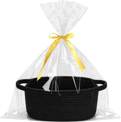 Productafbeelding van Zwarte geschenkmand - Gevlochten mand met geschenkzakje en cadeaulint