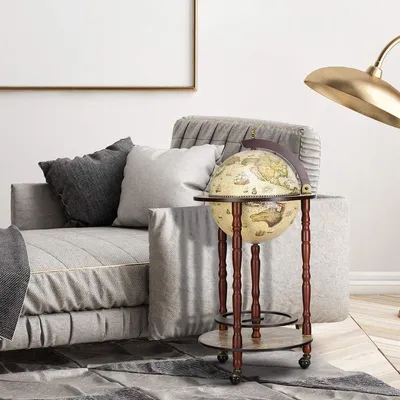 Produktbild von Globus-Barwagen mit Weltkugel, Minibar und Weinregal, Hausbar mit Flaschenablage, Dekorationsbar mit Rollen, 88 x 45 cm, Farbauswahl (Beige)