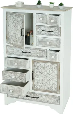 Produktbild von Lékárnická komoda HWC-J48, skříňka, dřevěné zásuvky, vintage vzhled 150x81x40cm, bílo-hnědá barva