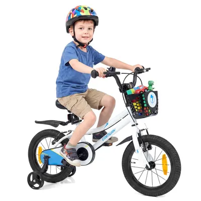 Immagine prodotto di Bicicletta per bambini COSTWAY da 14 pollici con cestino, sella regolabile in altezza, manubrio, campanello, parafanghi e rotelle; bicicletta per bambini dai 3 ai 7 anni, per maschietti e femminucce