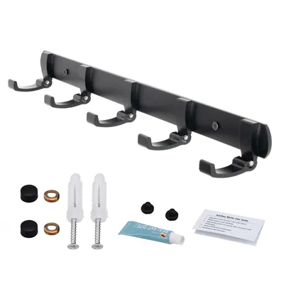 A black wall-mounted hook rack with its included mounting hardware and accessories, displayed against a white background.