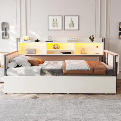 Image de OKWISH Lit Banquette 90x200 cm, Lit Banquette Avec LED et Rangement, Tiroirs et Bureau Pliable, Métal + MDF, Blanc - Sans Matelas