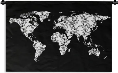 Produktbild von MuchoWow® Wandteppich Wandbehang Weltkarte - Schwarz - Weiß - Blätter 90x60 cm Tapisserie Dekoration Wandtuch - Wandskulpturen - Bildteppich