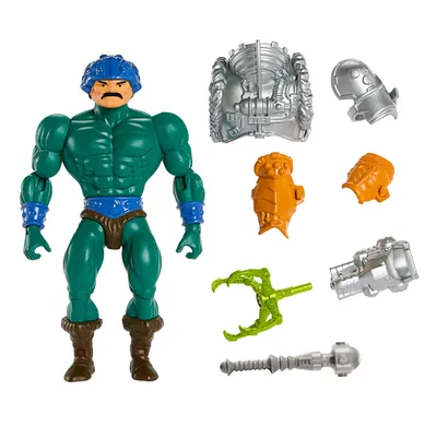 A Masters of the Universe Origins Serpent Claw Man-At-Arms action figure with various accessories, displayed against a white background.