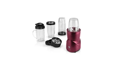 A set of blender accessories and a blender base are displayed on a white background.