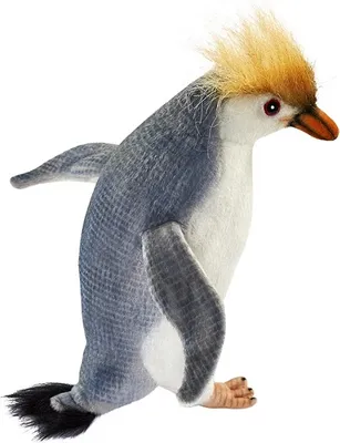A stuffed toy penguin with a yellow crest is shown against a white background.