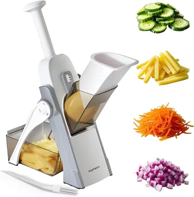 Produktbild von SupMakin Gemüseschneider Mandoline Hobel mit 4 Schneidmodi verstellbar 0,1-8 mm Edelstahlklinge inklusive Auffangbehälter und Reinigungsbürste