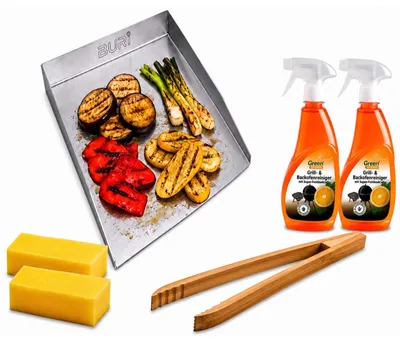 Produktbild von Plancha Grillplatte 30x20 cm offen mit Grillzange & Grillreiniger BBQ Set