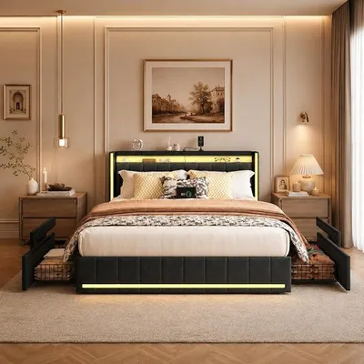 Productafbeelding van Boxspringbed 160x200 met LED-verlichting en USB-oplaadfunctie, tweepersoonsbed met 4 lades, bed met opbergruimte, bedframe met lattenbodem, eenpersoonsbed, linnen, zonder matras (grijs)