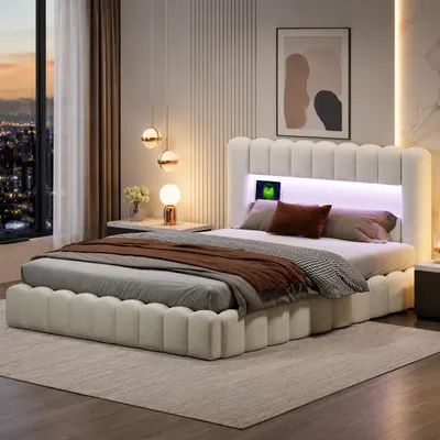 Produktbild von INONEFT Polsterbett Bubble Bett 180x200 cm mit Hydraulisch Stauraum, Doppelbett mit LED-Beleuchtung und USB Anschlüsse, Ohne Matratze, Leinen, Beige, KI-generiertes Bild
