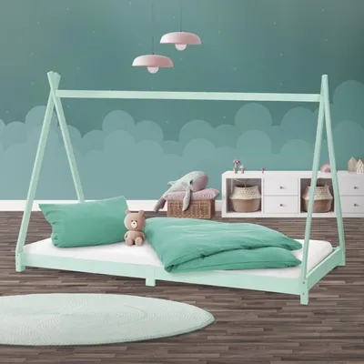Produktbild von ML-Design Kinderbett Tipi 90x200 cm mit Lattenrost, Minzegrün, Indianer Bett aus Kiefernholz Bodenbett Holzbett Jugendbett Bettenhaus Spielbett Zelt