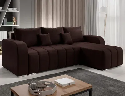 Produktbild von Velvet Ecksofa in L-Form 245 x 86 x 147 cm mit Schlaffunktion und Bettzeugbehälter - Schlafsofa mit Bettkasten - Eckcouch mit Stauraum - Rechts Couch Velours - Farbe: Braun MO29