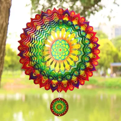 Produktbild von 3D Mandala Windspiel 30cm Edelstahl Hängender Windspinner Metallkunst Rotgrün