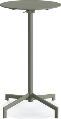 A gray outdoor table with a round top and a four-legged base.
