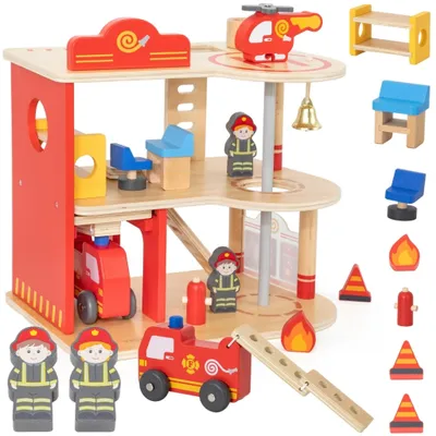 Productafbeelding van Viga Houten Garage Brandweerkazerneset 14-delig
