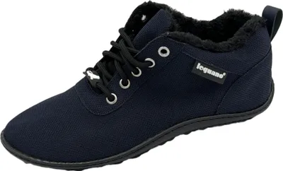 A single blue shoe with black laces and black fur lining is shown against a white background.