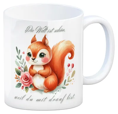 Produktbild von Eichhörnchen Kaffeebecher mit Spruch Welt schön da du dabei