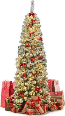 Produktbild von GOPLUS 184 cm Künstlich Weihnachtsbaum mit LED-Beleuchtung, Christbaum mit Schnee, mit Metallständer, Schnelle Montage, Wiederverwendbar