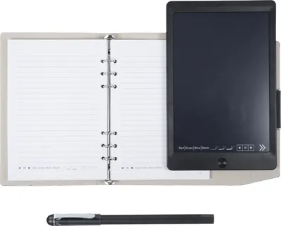 An open notebook with a digital writing tablet attached and a stylus pen below it.