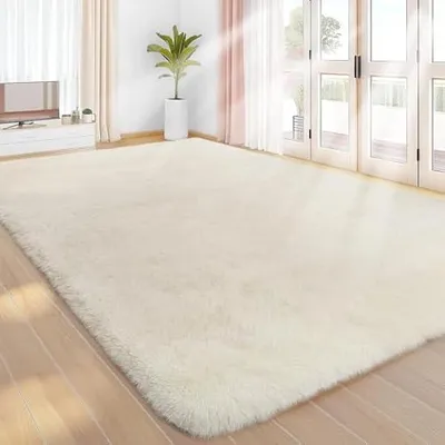 Obrázek produktu pro Koberec s vysokým vlasem, krémová barva, vhodný do obývacího pokoje, rozměry 200x300 cm, omyvatelný, s protiskluzovou úpravou, extra velké koberce, vhodné do ložnice, plyšové, moderní koberce, podložky a koberce do ložnice, dětského pokoje