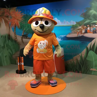 Produktbild von Orange REDBROKOLY Maskottchen Kostümfigur bekleidet mit Boardshorts und Stirnbändern