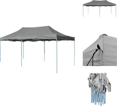 A grey pop-up party tent is shown from multiple angles, including a close-up of the corner and a folded state.