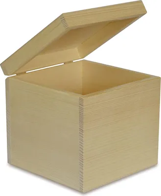 An open wooden box with its lid propped open, shown against a white background.