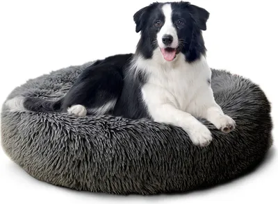Produktbild von freetoo Tierbett, Plüsch-Kunstfell, 70 cm Durchmesser, rund, Dunkelgrau, für Katzen & kleine Hunde, weich, waschbar, flauschig