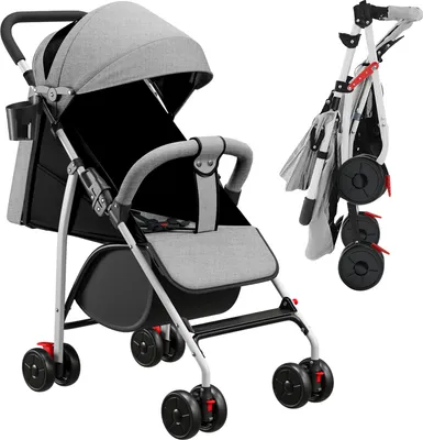 Produktbild von Baby Kinderwagen Kinderbuggy Reisebuggy mit Liegefunktion,Fußstützen,Atmungsaktive Netze und Vorzelte, Rückenlehne mit Kissen Grau