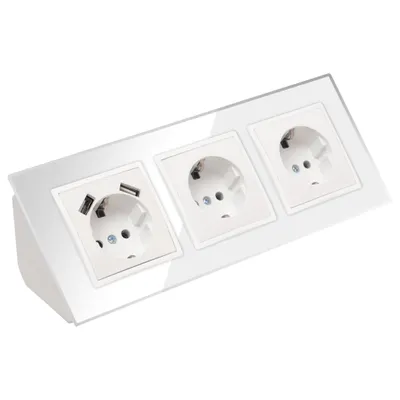 Produktbild von Glas Ecksteckdose 3-fach Steckdose und Steckdose mit USB Steckdosenblock 45° Verteilerdose weiß.