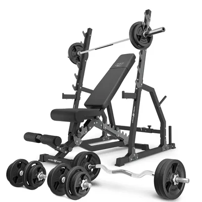 Produktbild von Marbo Sport - Set MS3_2.0_113KG | Doppelseitige Bank + Verstellbare Hantelablage mit Notablage und Abstandsverstellung + Stangen- und Hantelscheiben Set 113 kg