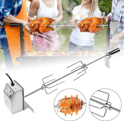 Produktbild von XMTECH Elektrický grilovací špíz 107cm Rotačný špíz vrátane 2x ihiel na mäso a motora z nehrdzavejúcej ocele 220V-240V Grilovacia kliešť na mäso, rožeň