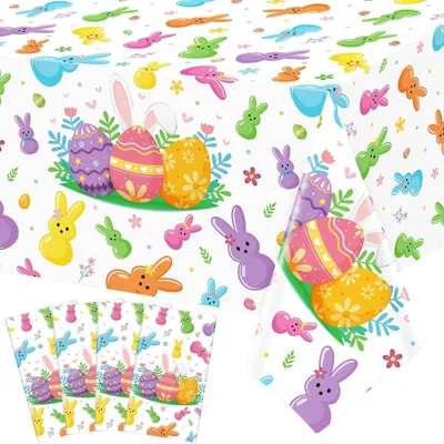 Zdjęcie produktu dla Obrus na Wielkanoc, 4 sztuki, motyw: zające, jajka, wiosenne kwiaty, wymiary: 220 x 130 cm, materiał: polietylen, kolor: wielokolorowy