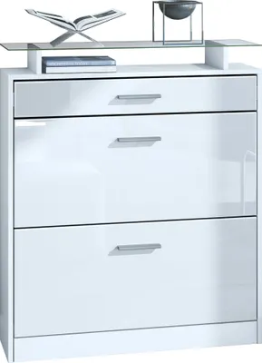 Produktbild von Vladon Schuhschrank Loret 89 x 104 x 23 cm Schuhkipper für 16 Paar Schuhe mit 1 Schublade, 1 Glasablage, Farben Weiß matt & Weiß Hochglanz