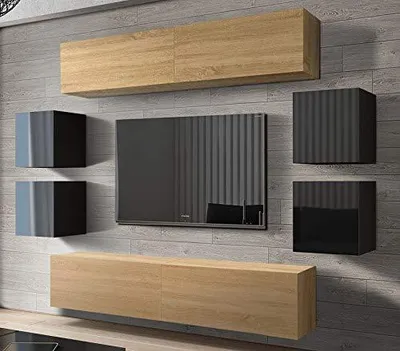Obrázek produktu pro Furnitech Obývací stěna - Nábytek do obývacího pokoje s LED Blue - Závěsná skříňka Moderní - Police a TV skříňka (Future C42/HGM/BD/47 1C)