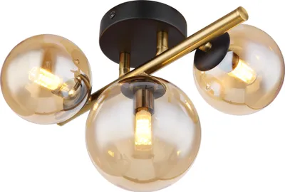 A close-up studio shot of a modern ceiling light fixture with three amber glass globes and a black and gold metal base.