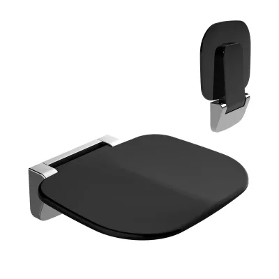 A black foldable shower seat mounted on a white background, with a second, folded seat shown in the upper right corner.