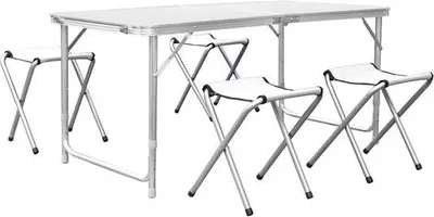 Zdjęcie produktu dla Składany stół 5-częściowy - Składany stół kempingowy - Składany stół piknikowy z 4 składanymi stołkami - Aluminium - 120 cm - Biały - Na kemping i do ogrodu