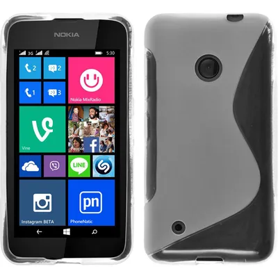 A collage showing the front and back of a clear silicone phone case on a Nokia Lumia 530 phone.