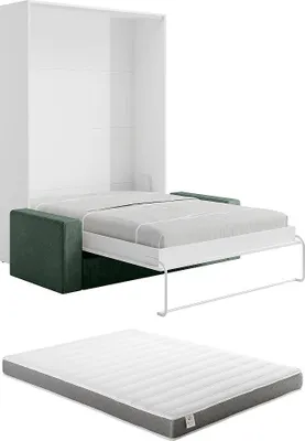 Produktbild von Schrankbett 140 x 200 cm - Manuelle vertikale Öffnung - Weiß + Matratze + Grünes Sofa - BEGANIO