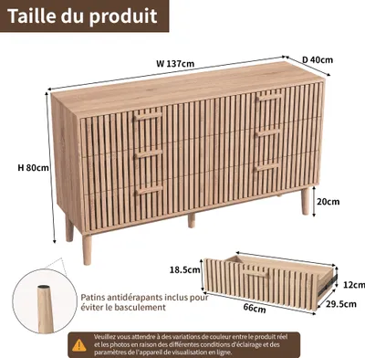 Produktbild von Moderne Kommode mit 6 Schubladen aus Holz und Rattan, multifunktionales Aufbewahrungsmöbel für Schlafzimmer, Wohnzimmer, Flur, elegantes und kompaktes Design
