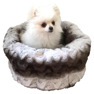 Produktbild von Rosewood Rundes Hundebett 40 cm Durchmesser Weiche Plüschfüllung Hohe Ränder Rutschfest Waschbar Grau Creme