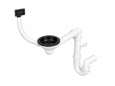 Produktbild von GranMaster Premium Raumsparsiphon für 1-Becken-Spülbecken Schwarz – Ablaufgarnitur mit manuellem Stopfen, eckigem Überlauf und Geräteanschluss