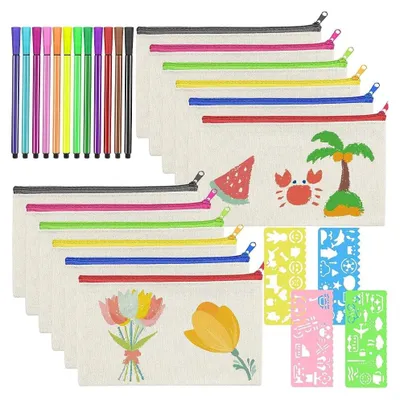 Produktbild von 12 handgefertigte Stoffbeutel, Federmäppchen aus Canvas zum Bemalen, Taschen zum Bemalen mit 12 Buntstiften und 4 Zeichenschablonen, Kosmetiktasche zum Bemalen für Bastelprojekte, Kinderpartys