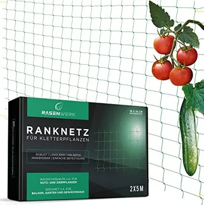 Produktbild von RASENWERK® - Ranknetz 2x5m Rankhilfe mit großen Maschen - Perfekt für Gurken, Tomaten und Kletterpflanzen - Ideal für Gewächshaus - Pflanzennetz, Pflanzenhalter, Kletternetz grün - 2m x 5m