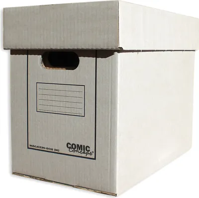 A white cardboard box with a lid, designed for storing magazines or albums.