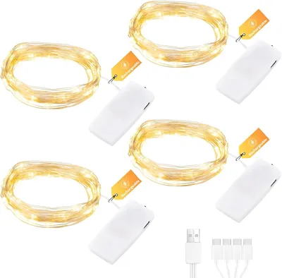 Zdjęcie produktu dla Zestaw 4 sztuk LED-owych lampek w kształcie sznurka, długość 2 metry, 20 diod LED, kolor: ciepła biel, zasilanie: USB-C